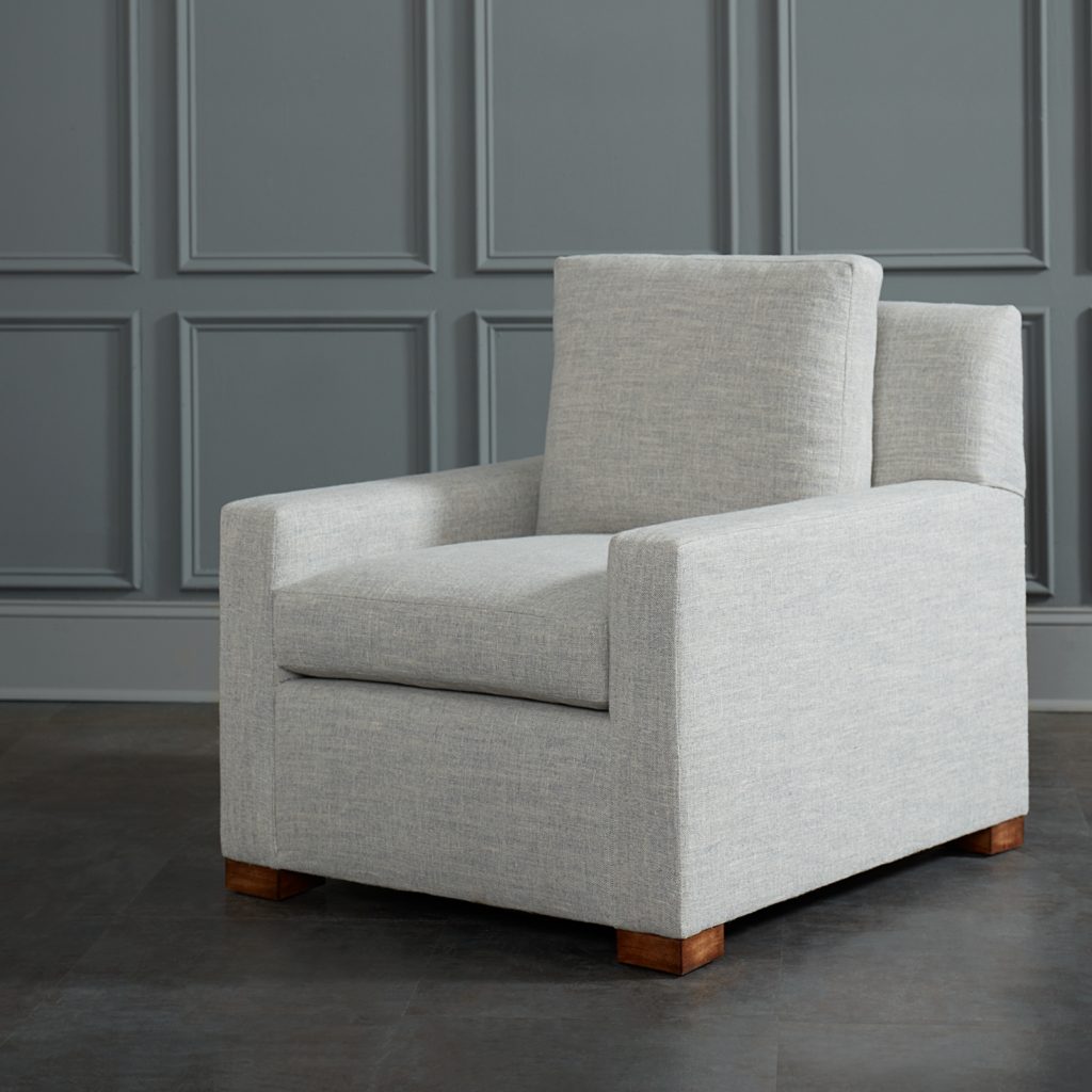 Modern occasional chair upholstered in linen from Bruce Andrews Curated
